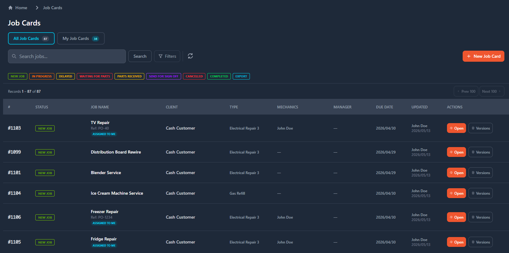 Job Card List View